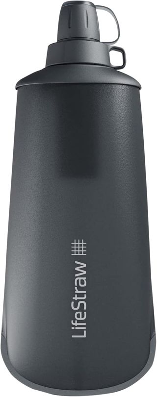 LifeStraw Peak Series - Gourde compressible avec système de filtration d'eau 1l – pour du trail running, de la randonnée, des voyages, du vélo, de la pêche ; Sans BPA; Dark Mountain Gray (gris)