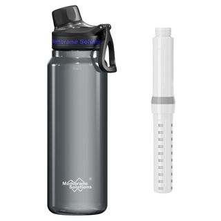 Membrane Solutions Gourde filtrante eau survie, 1L avec cartouche filtrante ACF et UF, capacité de 4000 L, Précision de 0,1 μm, élimine 99,9999% des E.Coli, sans BPA, Camping, Voyage, Gris