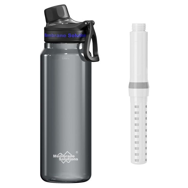 Membrane Solutions Gourde filtrante eau survie, 1L avec cartouche filtrante ACF et UF, capacité de 4000 L, Précision de 0,1 μm, élimine 99,9999% des E.Coli, sans BPA, Camping, Voyage, Gris