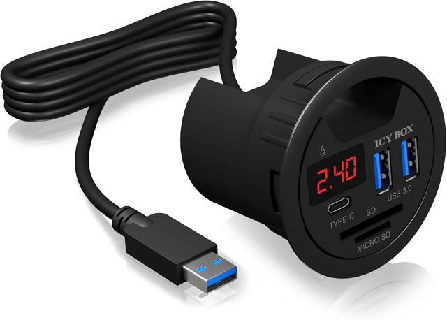 ICY BOX Hub USB de bureau (60 mm) à encastrer, 4 Ports USB 3.0, Passage de câble, Prise d'alimentation 5 V disponible, Noir, IB-HUB1403