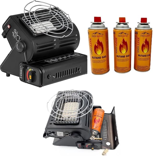 SMH LINE® Chauffage à gaz Portable 2 en 1 pour Camping, Tente d'extérieur, Caravane, réchaud 1,3 KW + Cartouches de gaz Butane en céramique GPL