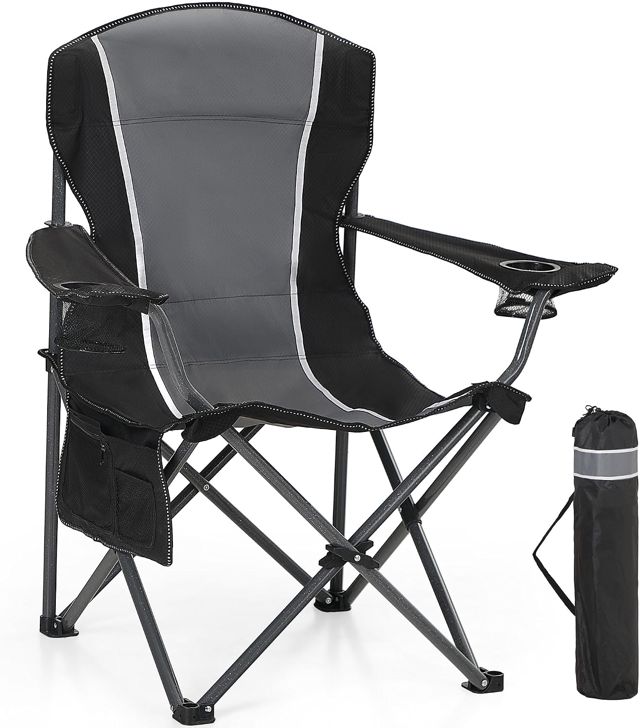 HIGH POINT SPORTS Chaise Pliante Camping 160KG, Chaise de Camping Pliable Portable Surdimensionnée Chaise Pliante Exterieur et Interieur Fauteuil Camping Chaise de Peche Noir-Gris