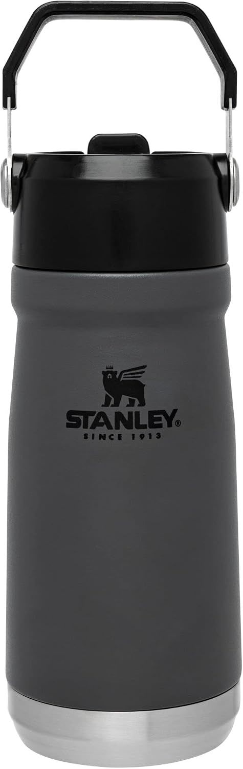 STANLEY IceFlow Carafe d'eau en acier inoxydable avec paille, bouteille d'eau isotherme pour la maison et le bureau, gobelet réutilisable avec rabat anti-fuite, gris anthracite, 500 ml