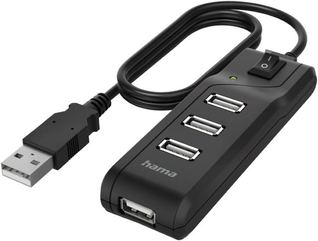 Hama Hub USB multiport Data (4 ports, USB 2.0, Vitesse de Transfert de Données 480 Mbit/s, Interrupteur Marche/Arrêt, Témoin de fonctionnement à LED,Garantie 10 ans,Plug et Play,Compact, Robuste) Noir