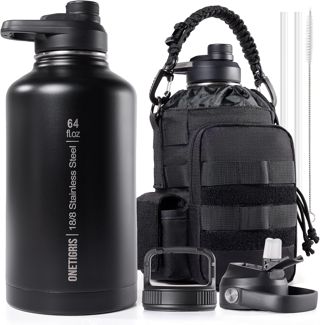 OneTigris Gourde en acier inoxydable, bouteille d'eau 2L haute capacité, bouteille de sport avec un bon effet isolant pour vélo, camping, yoga, salle de sport, airsoft, Camouflage Brun Coyote, 64OZ