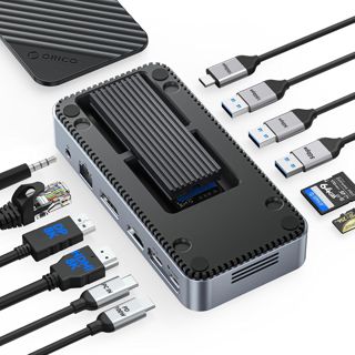 ORICO Hub USB C 11 en 1 avec boîtier SSD M.2, station d'accueil avec ventilateur, HDMI, DP, Gigabit Ethernet, PD 100W, SD/TF, Audio/Microphone, 10Gbps & 2x5Gbps