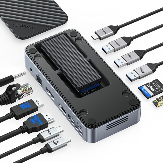 ORICO Hub USB C 11 en 1 avec boîtier SSD M.2, station d'accueil avec ventilateur, HDMI, DP, Gigabit Ethernet, PD 100W, SD/TF, Audio/Microphone, 10Gbps & 2x5Gbps