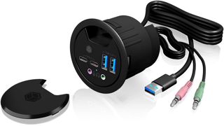 ICY BOX Hub USB de bureau (60 mm) à encastrer, 4 Ports USB 3.0 (2x USB-C & 2x USB-A), Entrée/sortie audio, Passe-câble, Noir, IB-HUB1403B