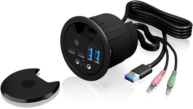 ICY BOX Hub USB de bureau (60 mm) à encastrer, 4 Ports USB 3.0 (2x USB-C & 2x USB-A), Entrée/sortie audio, Passe-câble, Noir, IB-HUB1403B