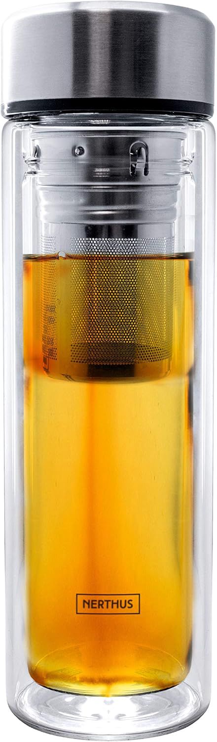 Nerthus FIH 664 filtrante 350 ML, isolée grâce à sa Double paroi, Bouteille infuseur, Flacon, Tasse de Voyage, théière, 0,35 l, Verre, Transparent