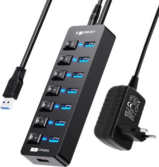 Hub USB Actif 3.0 avec Bloc d'alimentation, répartiteur USB VEMONT 7 Ports et 1 Charge Intelligente avec 5 V/3 A, répartiteur avec Interrupteur Individuel et câble de 1,2 m de Long pour PC/Ordinateur