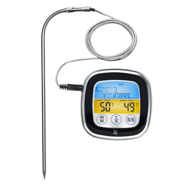 WMF Thermomètre numérique pour barbecue, thermomètre à viande, thermomètre de cuisine, thermomètre de cuisson avec 5 niveaux de cuisson, écran tactile LED, minuterie, support magnétique
