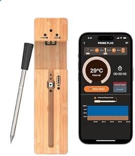 WEETIEE Jusqu'à 100m Longue Portée Thermomètre à Viande numérique sans fil Thermometre Cuisine Bluetooth intelligent Thermomètre de Barbecue Contrôle par App, Poignée en Céramique, pour Grill,four