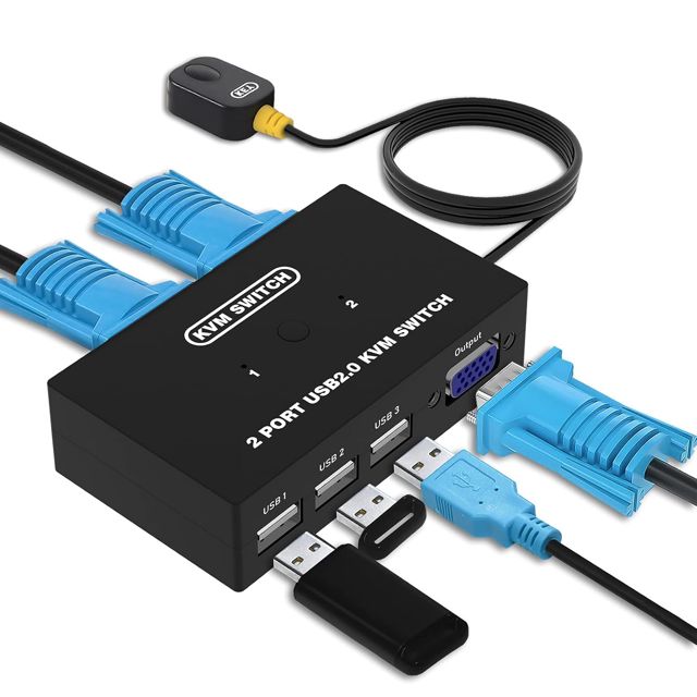 VGA KVM Switch avec 2 KVM Câbles, Commutateur KVM USB et VGA pour 2 PC, pour 1 Moniteur et 3 USB Clavier Souris Scanner