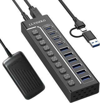 Hub USB 3.0 Alimenté, Aluminium Hub 10 Ports (6 USB-A + 4 USB-C) Débit de 5Gbps, avec Interrupteur Indépendant LED, Adaptateur Secteur 12V/3A, USB-A/C Câble, pour PC, Laptop (LLY-U801)