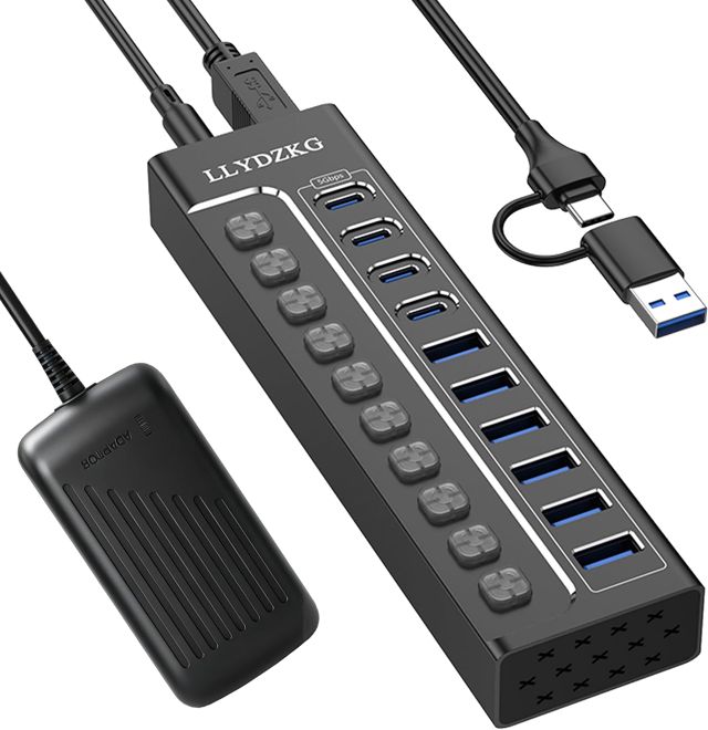 Hub USB 3.0 Alimenté, Aluminium Hub 10 Ports (6 USB-A + 4 USB-C) Débit de 5Gbps, avec Interrupteur Indépendant LED, Adaptateur Secteur 12V/3A, USB-A/C Câble, pour PC, Laptop (LLY-U801)