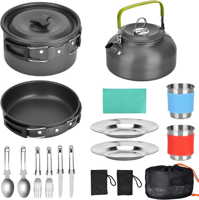 Camping Cookware Set, Portable and Lightweight Stainless Steel Camping Frying Pan Pots Cups Cutlery for Outdoor Picnic Hiking Camping