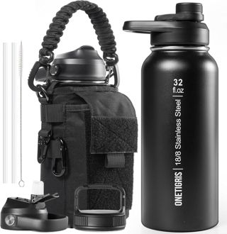 OneTigris Gourde en acier inoxydable, bouteille d'eau 1L haute capacité, bouteille de sport avec un bon effet isolant pour vélo, camping, yoga, salle de sport, airsoft, Noir, Brun Coyote, 32OZ