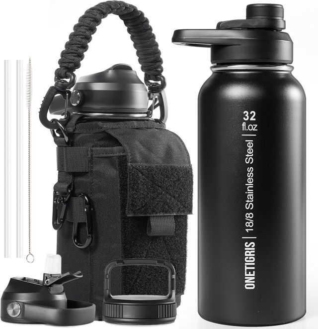 OneTigris Gourde en acier inoxydable, bouteille d'eau 1L haute capacité, bouteille de sport avec un bon effet isolant pour vélo, camping, yoga, salle de sport, airsoft, Noir, Brun Coyote, 32OZ