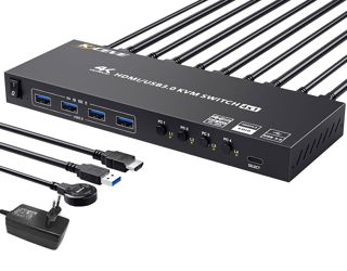 Switch KVM USB 3.0 HDMI 4 PC 1 Moniteur, KVM Switch 4 Ports 4K@60Hz EDID Simulé, Commutateur KVM Partage 4 Périphériques USB 3.0 Souris Sans Fil Clavier Imprimante, avec 5 Câbles et Wired Remote