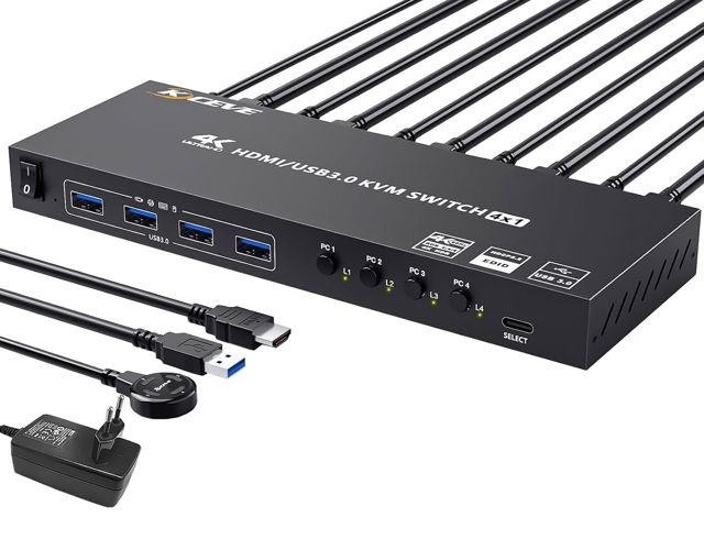 Switch KVM USB 3.0 HDMI 4 PC 1 Moniteur, KVM Switch 4 Ports 4K@60Hz EDID Simulé, Commutateur KVM Partage 4 Périphériques USB 3.0 Souris Sans Fil Clavier Imprimante, avec 5 Câbles et Wired Remote