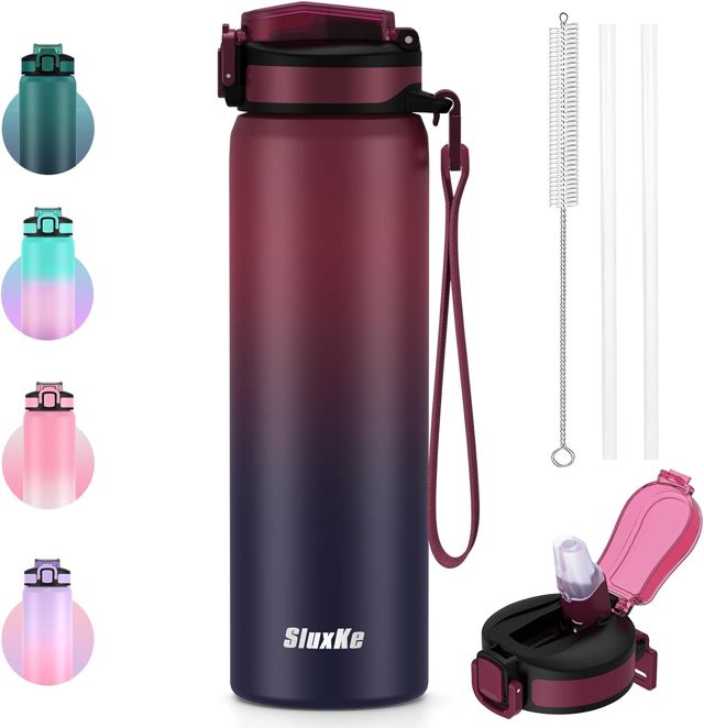 SLUXKE Gourde isotherme en acier inoxydable avec couvercle à paille, 700 ml, sans BPA, anti-fuite, double paroi isolée, pour le sport, l'école, le fitness