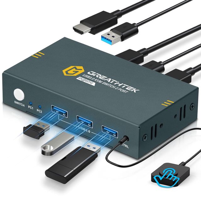 GREATHTEK Commutateur KVM HDMI USB 3.0 4K@60Hz, KVM Switch 2 PC 1 Moniteur