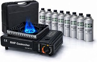 Réchaud à gaz d'extérieur RHP cuisinière de camping I cuisinière à gaz avec 8 cartouches de gaz à baïonnette - avec étui pratique - jusqu'à 30% de consommation de gaz en m