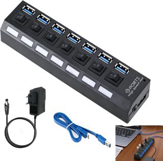 Hub USB 7 Ports avec Interrupteurs, Hub USB 3.0 et 2.0, Répartiteur USB avec Connecteurs LED, Compatible avec PC, Ordinateurs Portables, Téléphones, Disques Durs, Claviers, Imprimantes, et Plus