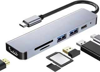 Hub USB-C 6-en-1 avec PD 100W Charge, Multiport Adaptateur avec USB 3.0 & 2.0 Ports, HDMI 4K@30Hz, Lecture de Carte SD/TF, HDMI USB C Adaptateur pour MacBook Pro/Air/Dell XPS Plus Encore