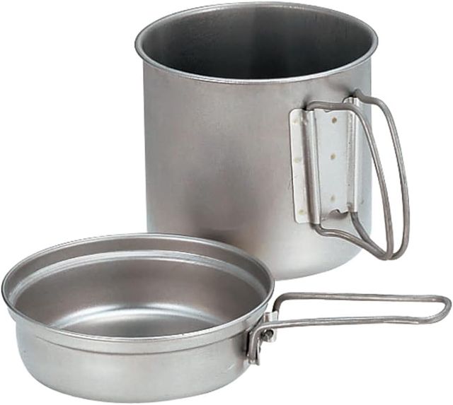 Snow Peak Trek Titanium Cookset, Ensemble de Cuisine de Camping Ultra léger empilable avec Casserole et Couvercle Convertible en poêle, poignées Pliables avec Sac de Transport en Maille, adapté pour