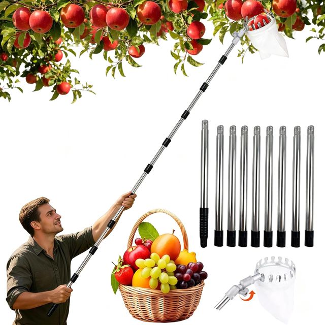 Cueille Fruit Télescopique 4m, Ramasse Pomme avec Sac en Coton