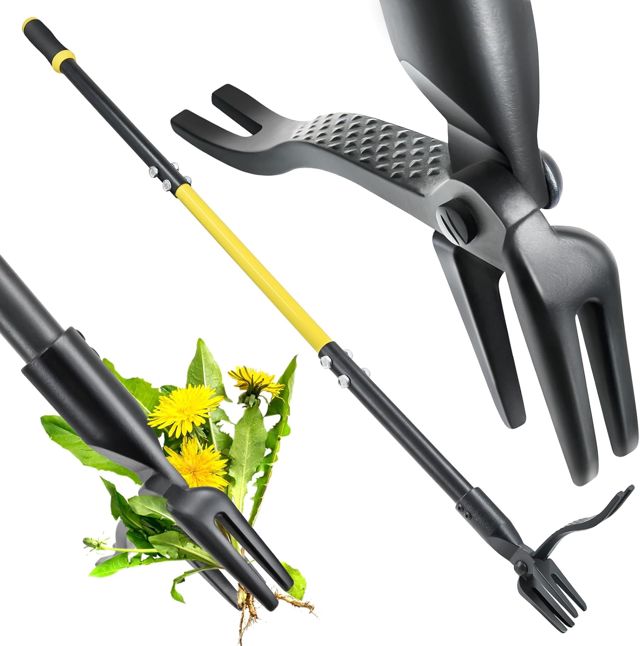 Jardineer Extracteur de mauvaises herbes, outil de désherbage debout de 114,3 cm, outil de désherbage à long manche avec tête en acier à 4 griffes, désherbeur manuel robuste pour jardin, pelouse, cour