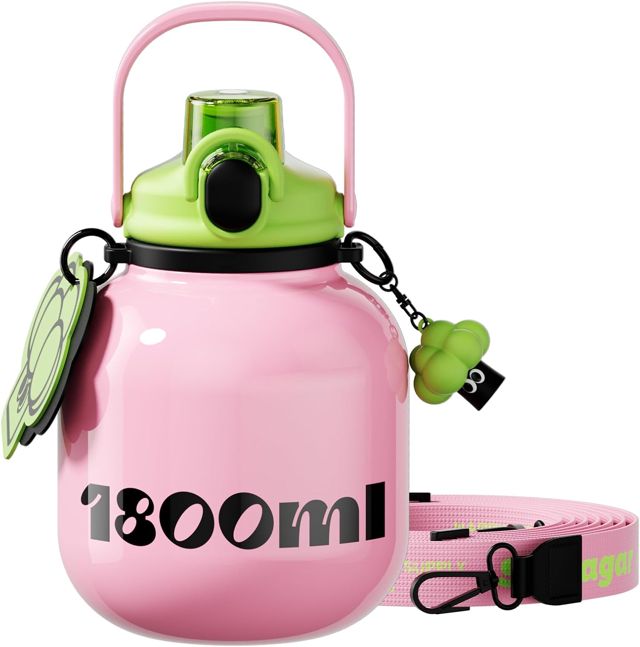 Sidagar Gourde Isotherme 1,8L avec Paille et Poignée, Bouteille d’Eau Inox avec Bandoulière, Grande Capacité, Anti Fuite, Idéale Sport, Bureau et Déplacements, Rose Poudré