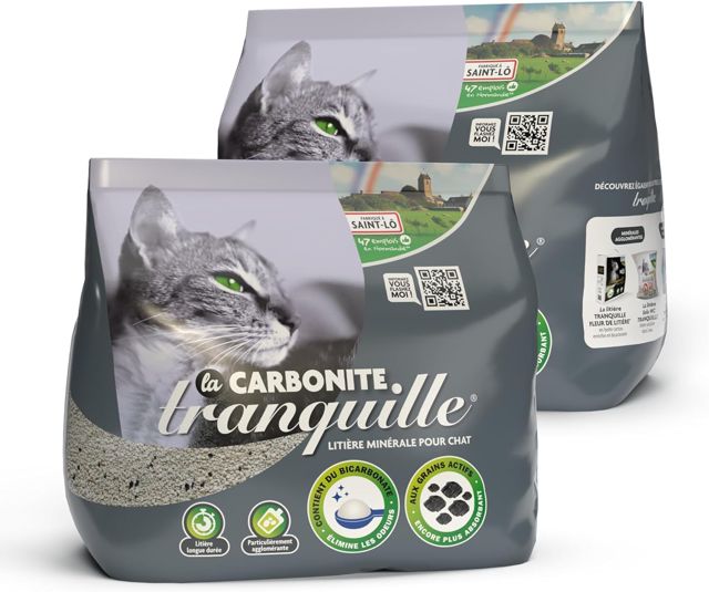 TRANQUILLE - Litière Agglomérante pour Chat avec Charbon Actif et Bicarbonate 2x6L - Contrôle Optimal des odeurs et facilite Le Nettoyage de la litière grâce a Son Absorption supérieur