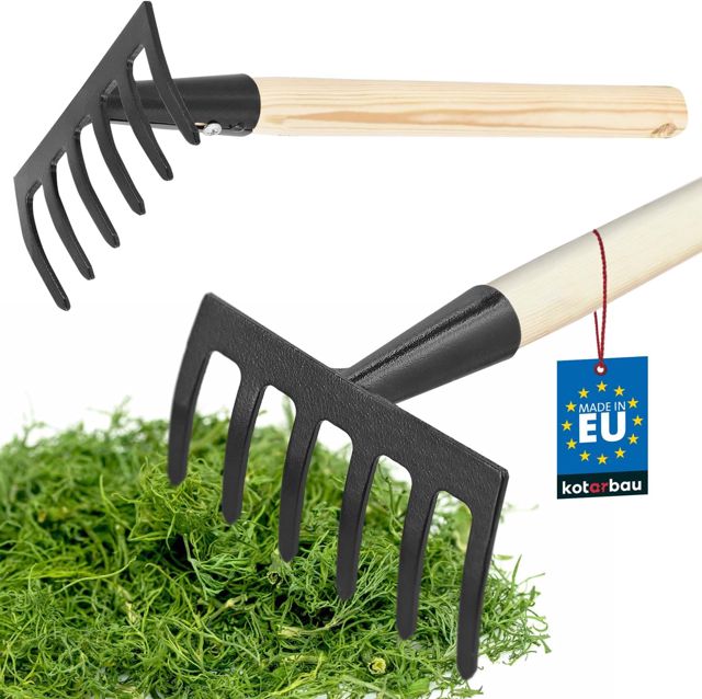 KOTARBAU® Rateau a Feuille - 11,5 cm - Rateau Jardin - Acier - 33 cm - Noir - Outil pour Massifs de Fleurs - avec Manche en Bois - 6 Dents - Compact - Résistant à L’Humidité