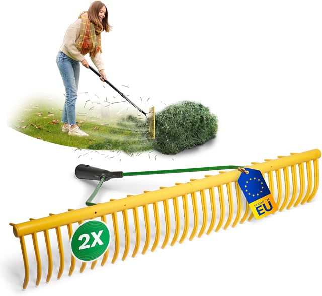 Novatool Lot de 2 têtes de râteau de jardin avec dispositif de ramassage d'herbe et 32 dents, largeur de travail 64,5 cm, râteau en plastique et métal, ramasse feuilles, ramasse feuilles, râteau à