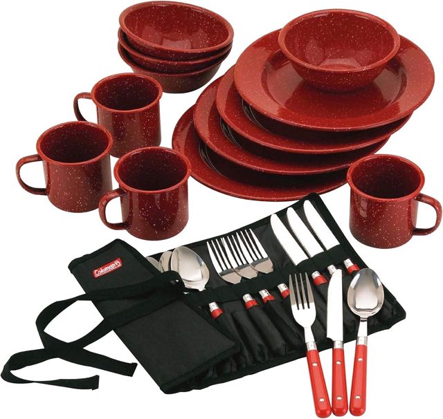 Coleman Service de Table 24 pièces en émail Durable pour Le Camping et l'extérieur, Passe au Lave-Vaisselle avec Pochette de Transport Incluse pour Camping, Pique-Nique, etc