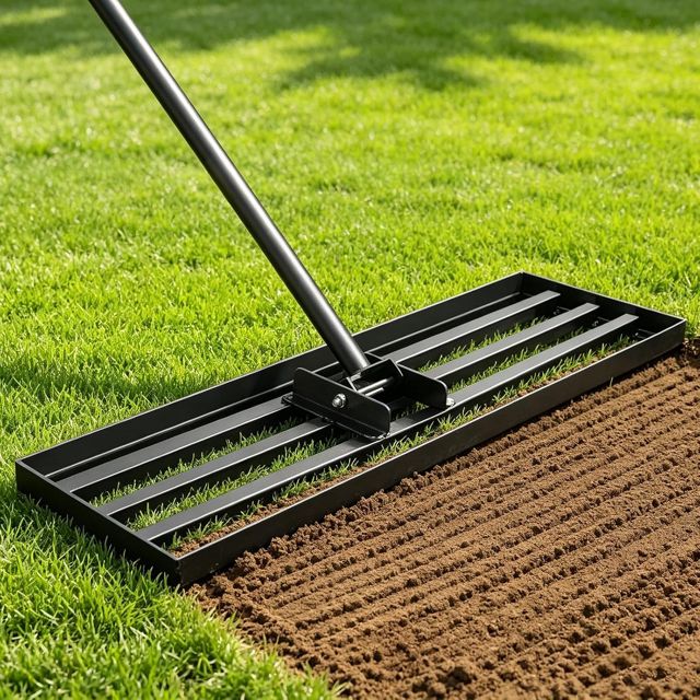 Râteau Niveleur de Gazon 114,3 × 25,4 cm avec Manche en Acier Inoxydable 213 cm, Râteau de Nivellement Extra Large pour Pelouse, Terre, Sable et Terreau, Outil de Jardin Robuste pour Grandes Surfaces