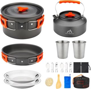 Ensemble de Batterie de Cuisine Camping 17 Pièces, Casserole et Bouilloire en Aluminium Anodisé Dur avec 2 Tasses, 2 Assiettes et Couverts en Acier Inoxydable pour Randonnée, Trek et Pique-nique