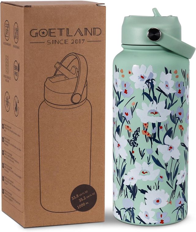 Goetland Fleur Gourde Inox 1l Isotherme Bouteille D'eau avec Paille et Ouverture pour Boire Adulte Femme Sport Personnalisable Étanche Sans BPA Reutilisable Citron