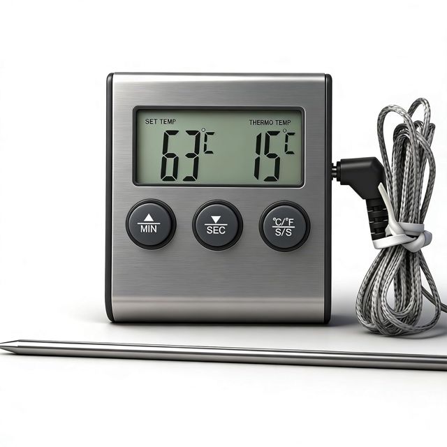 Sonde Temperature Cuisine, Thermomètre Alimentaire Avec Sonde, Thermometre Cuisine pour Fumoir, Four, Barbecue, Gril-Minuterie