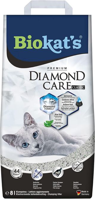Biokat’s Diamond Care Classic sans parfum - Litière fine pour chats au charbon actif et à l’Aloe vera - 1 sac (1 à 10 l)