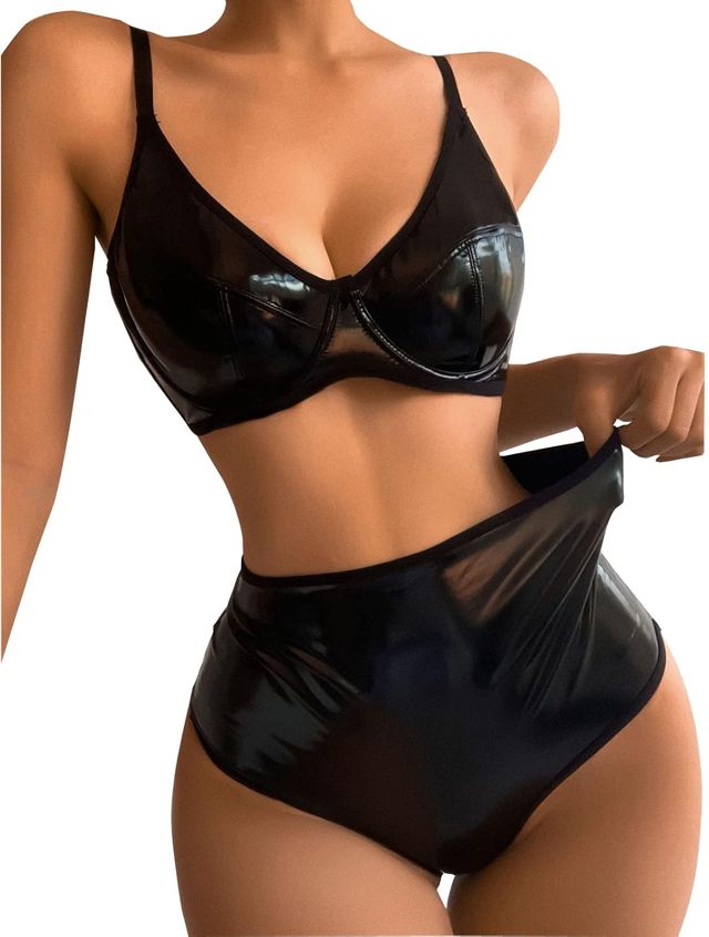 Générique Fond De Robe Chair Femmes Mode Sexy en Cuir sous-Vêtements Sexy Lingerie Pyjamas Costume Lingerie sous-Vêtements De Nuit en Acier Anneau Pyjamas Jarretière Ensemble Lot Shorty Femme