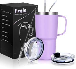 Livole Tasse de voyage de 600 ml avec poignée, gobelet isotherme avec paille et 2 couvercles, bouteille d'eau sous vide à double paroi en acier inoxydable pour boissons froides, blanc cassé