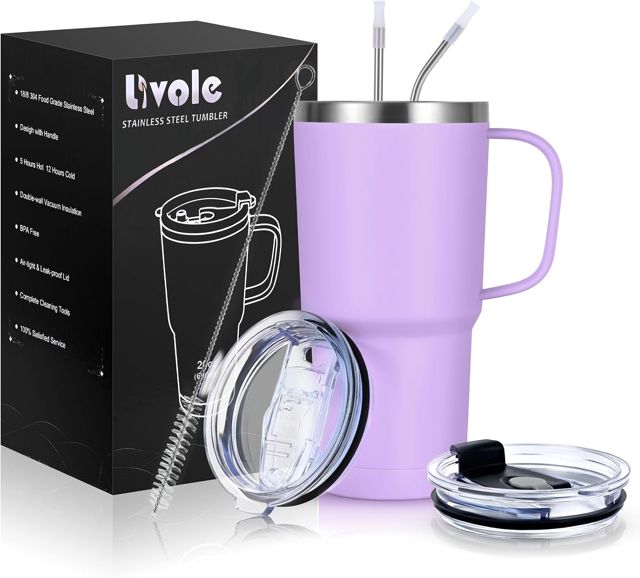 Livole Tasse de voyage de 600 ml avec poignée, gobelet isotherme avec paille et 2 couvercles, bouteille d'eau sous vide à double paroi en acier inoxydable pour boissons froides, blanc cassé