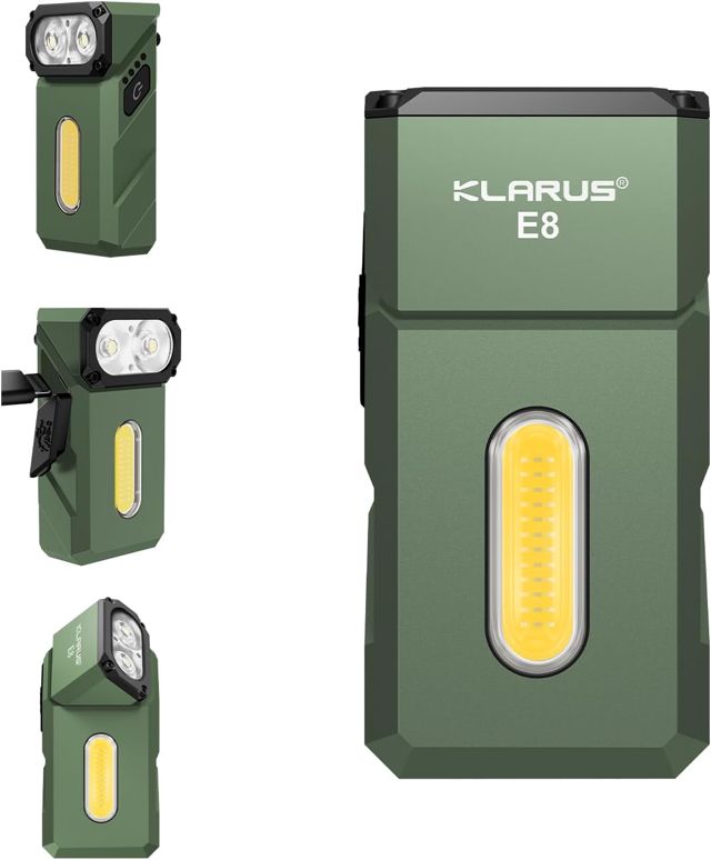 KLARUS E8 EDC Lampe de poche rechargeable,système triple lumière 1 000 lumens, tête pivotante à 180 °, design compact tout en métal avec aimant et clip de poche, lampe de travail étanche IPX6