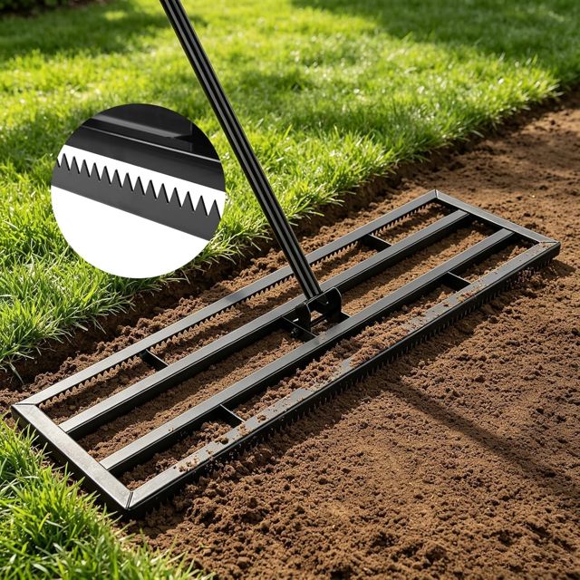 Râteau Nivellement Gazon 43x25cm Rateau de Nivellement de Pelouse avec 199cm Poignée Réglable et Surface Dentelée Raclette de Gazon Niveleur pour Jardin, Golf, Aménagement Extérieur