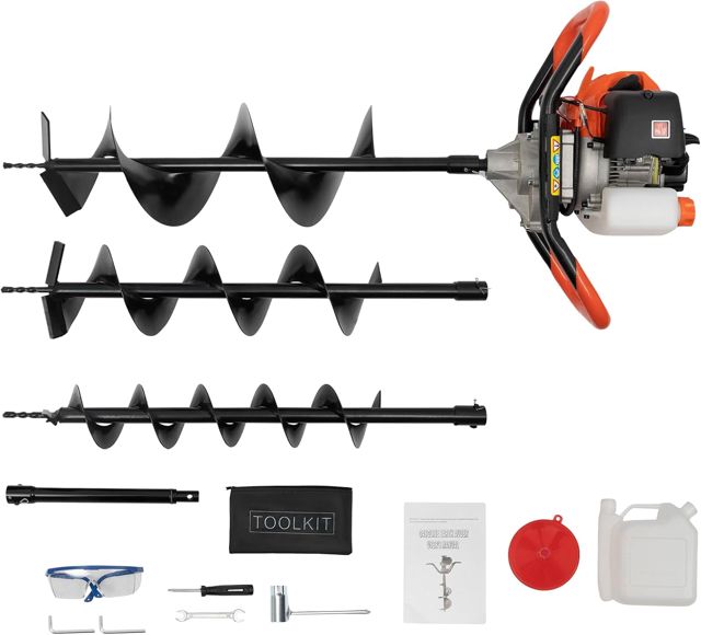 Tarière à essence 2 temps 52 cc avec 3 embouts de perçage Ø 100/150/200 mm avec sac à outils utile pour ménages privés, chantiers, exploitations agricoles