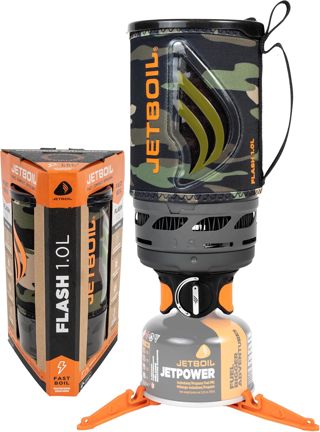 Jetboil Flash Réchaud portable 1 L à ébullition rapide pour camping randonnée avec allumage automatique en 1 étape, brûleur propane/isobutane avec tasse de cuisson, camouflage foncé